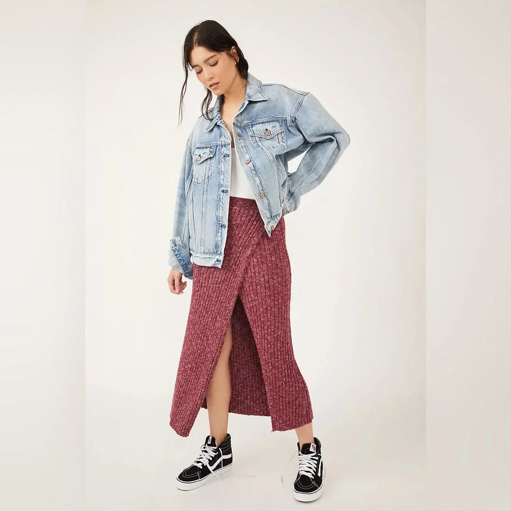 NWOT Free People Better Days Rib Chunky Knit Wine / burgundy Long Skirt Sz S